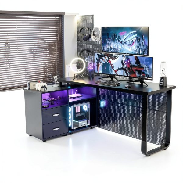 Aheaplus L Shaped Computer Desk with Power Outlets LED-1