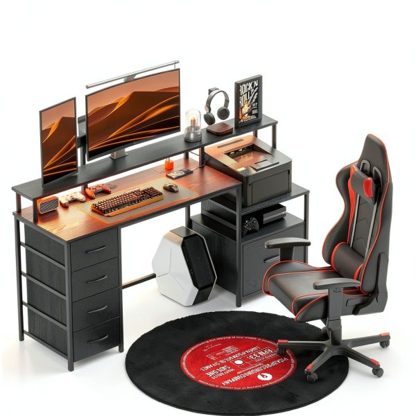 Homcom Gaming Desk with Charging Station LED Lights Drawers-2