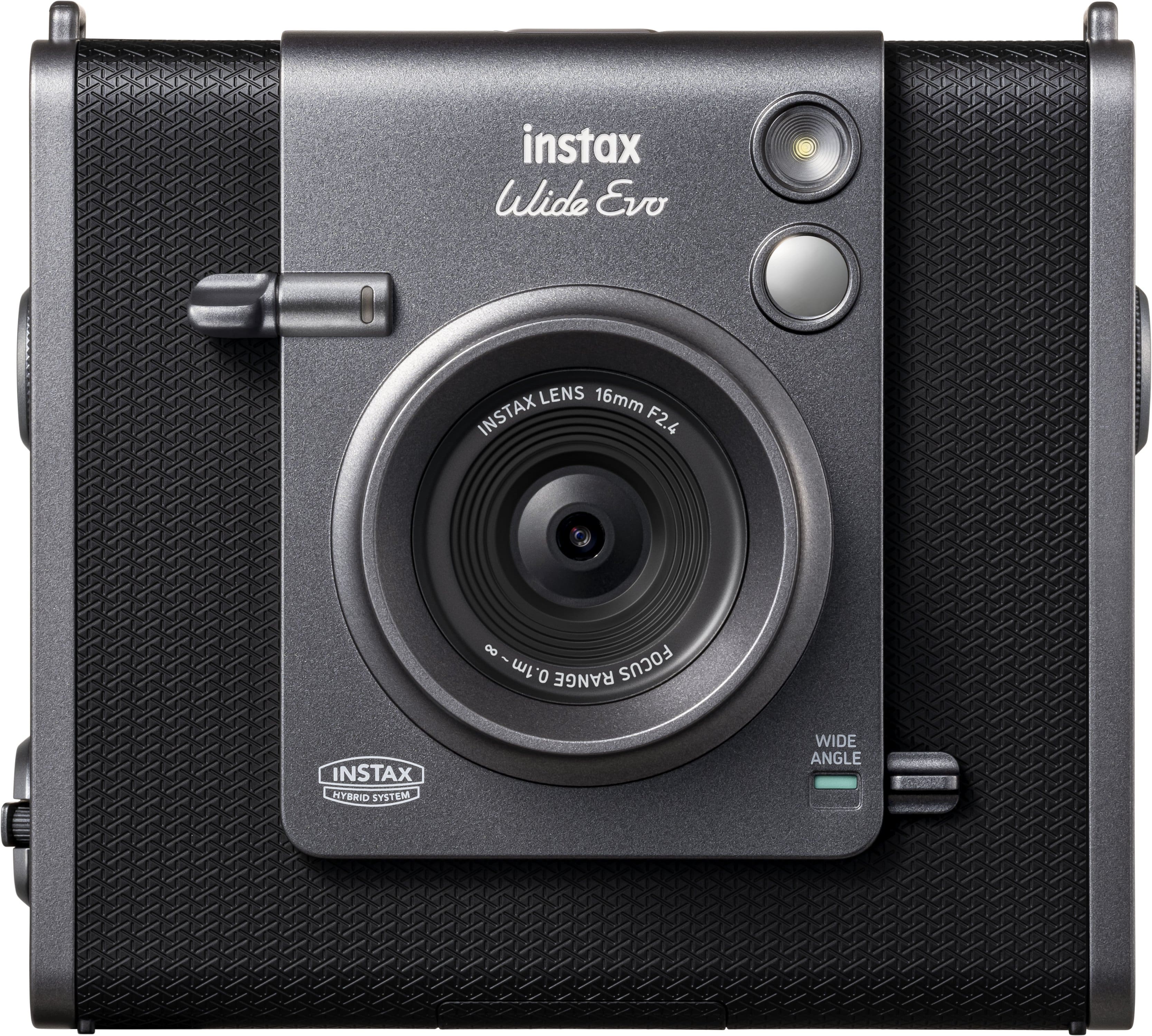 Fujifilm instax WIDE Evo camera displaying wide angle shot on LCD screen