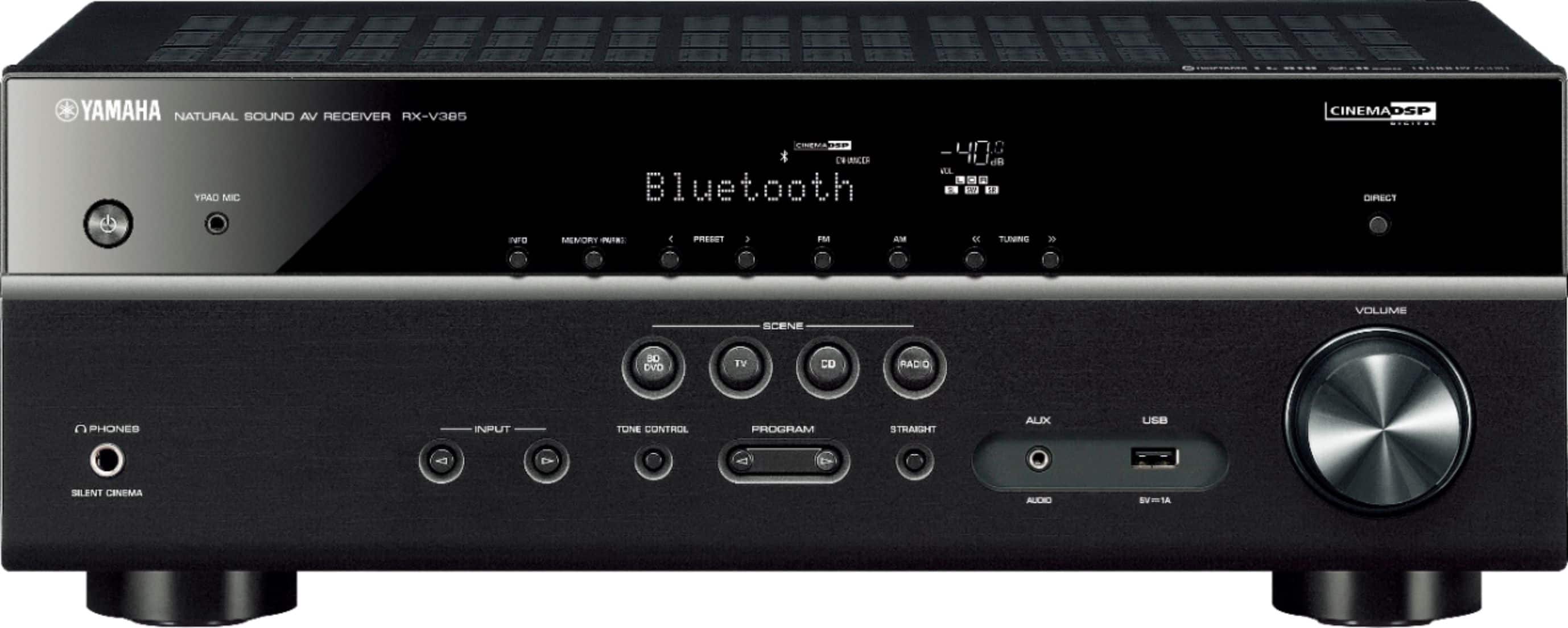 Installing Yamaha RX V385BL 5.1 Channel 4K Home Theater Receiver on a wooden desk