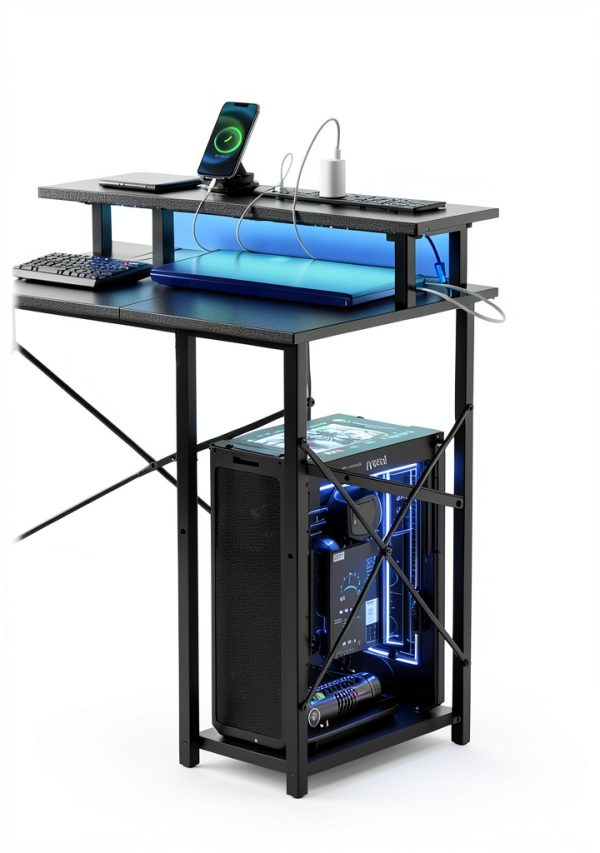 VEVOR Gaming Desk with LED Lights Power Outlets Monitor-3