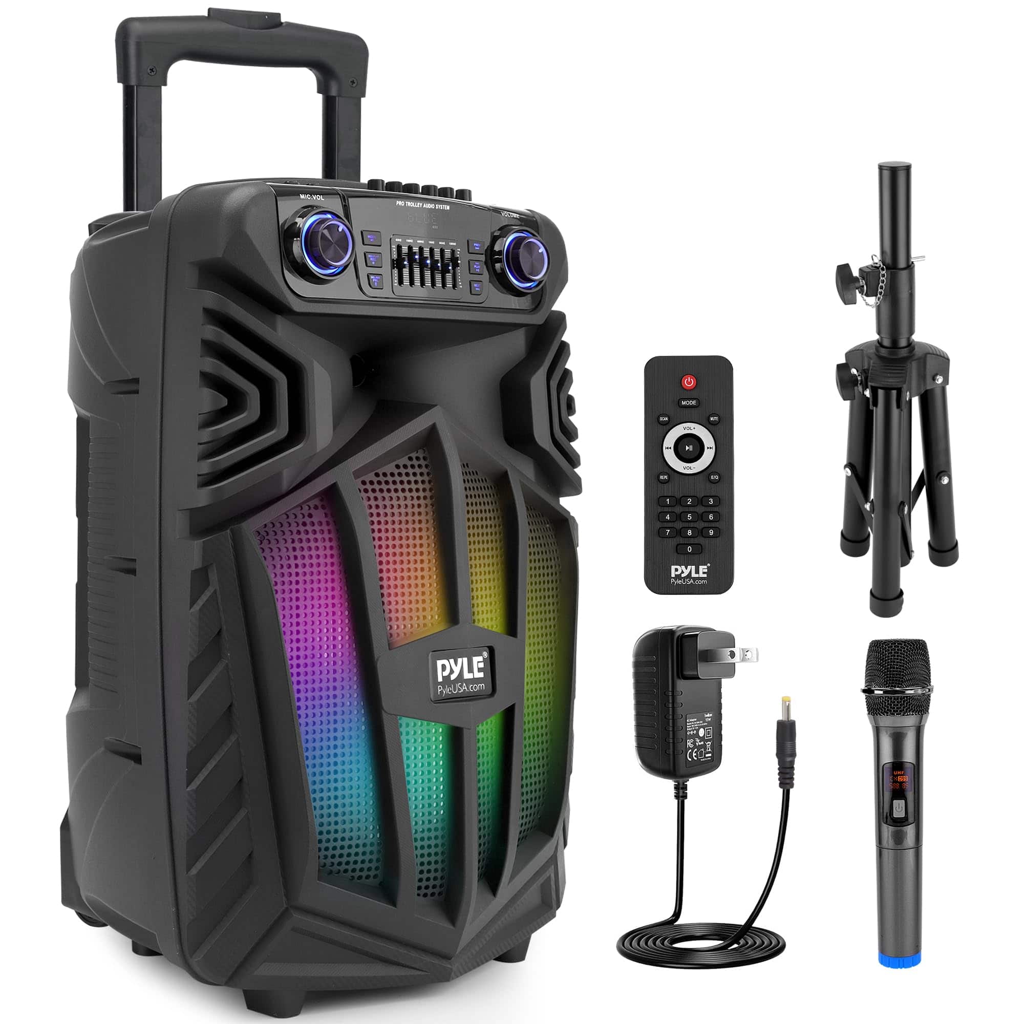 Pyle 1680W Portable Bluetooth PA Speaker with LED lights active