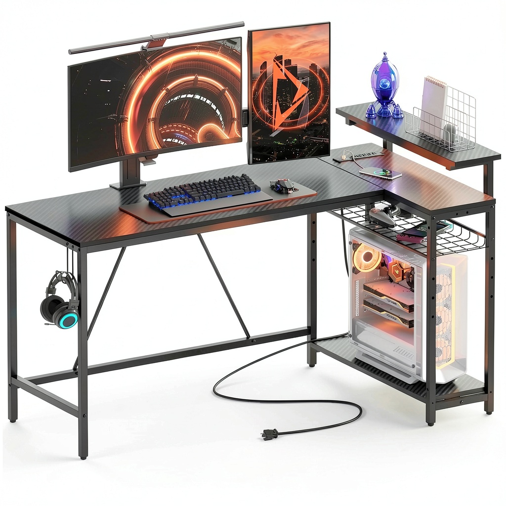 Bestier L Shaped Gaming Desk in a home office setup with LED lights glowing