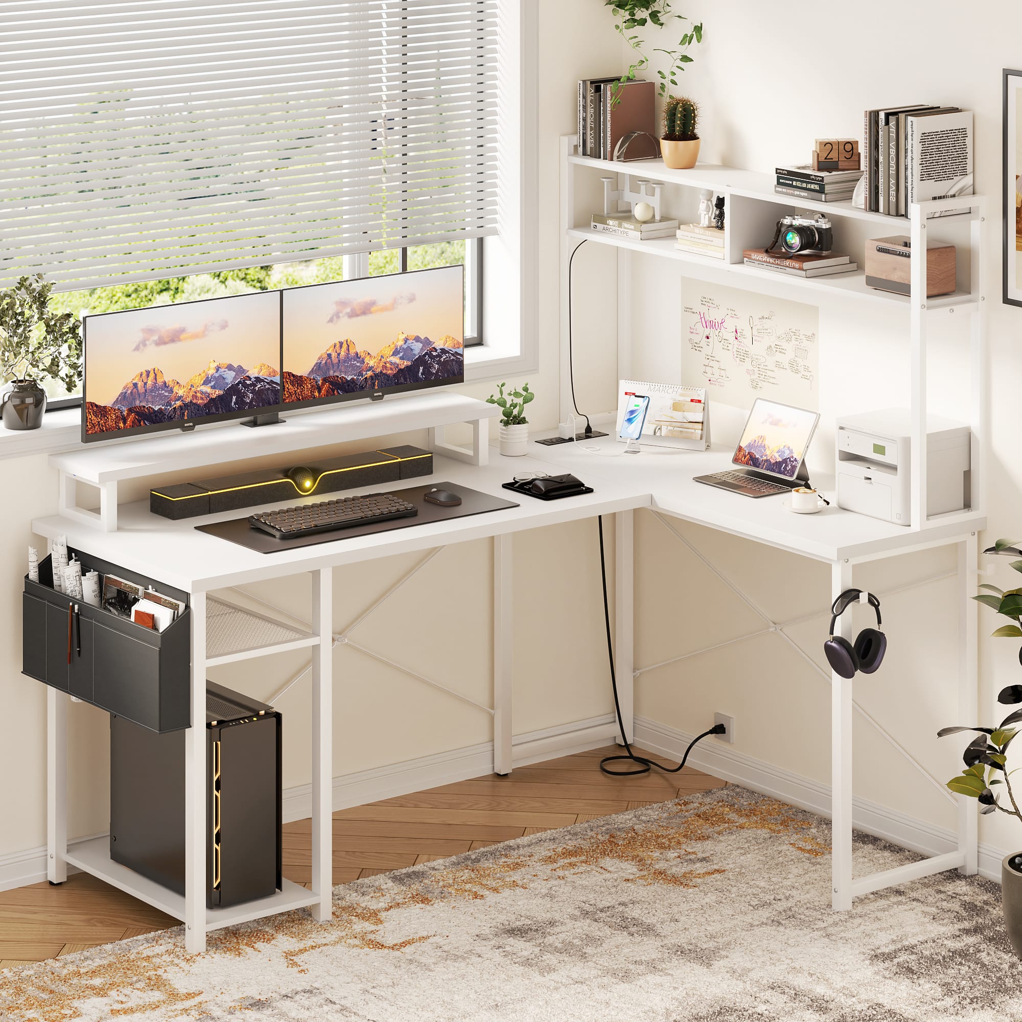 Aheaplus L-shaped gaming desk in a home office setting with LED lights glowing