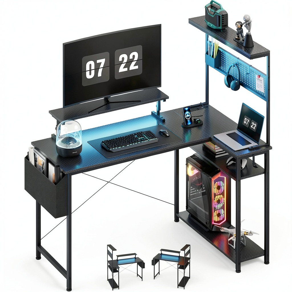 Koligey L-shaped gaming desk setup in a home office