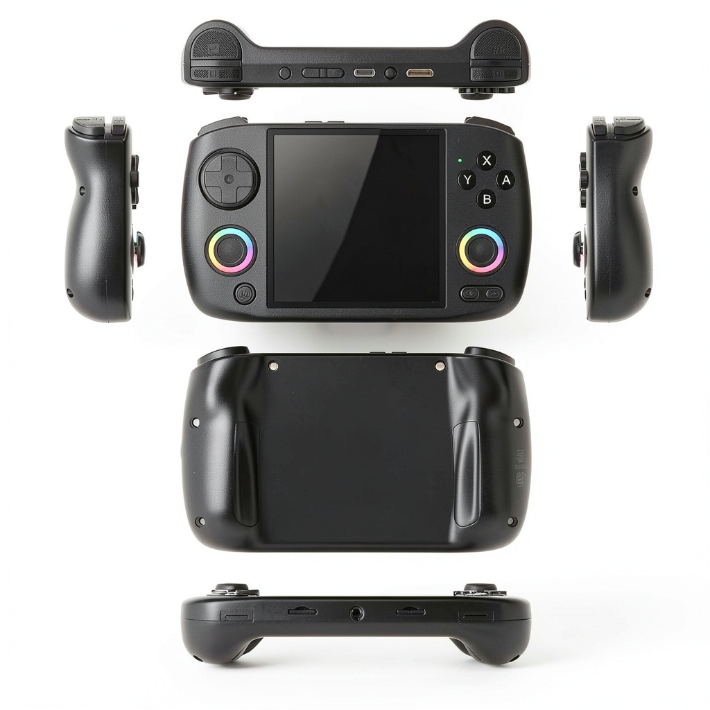 Portable retro game console displaying RGB lights and game interface