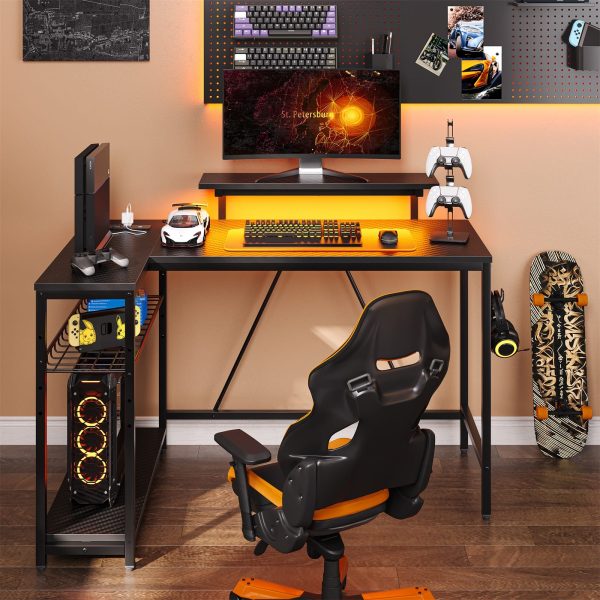 Bestier L Shaped Gaming Desk with LED Lights Power Strip-6