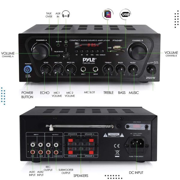 Pyle Bluetooth Stereo Receiver 250W FM Radio USB SD Card-6