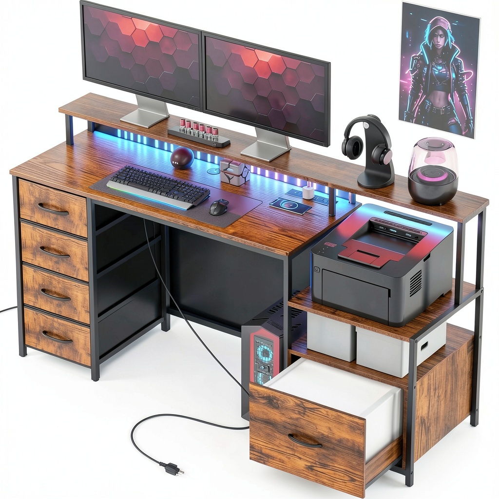GOODSILO Office Desk with integrated charging and LED lighting in a home setup
