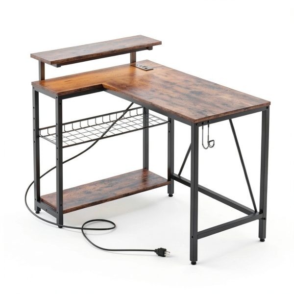 Bestier L Shaped Gaming Desk with Power Outlets LED Lights-9