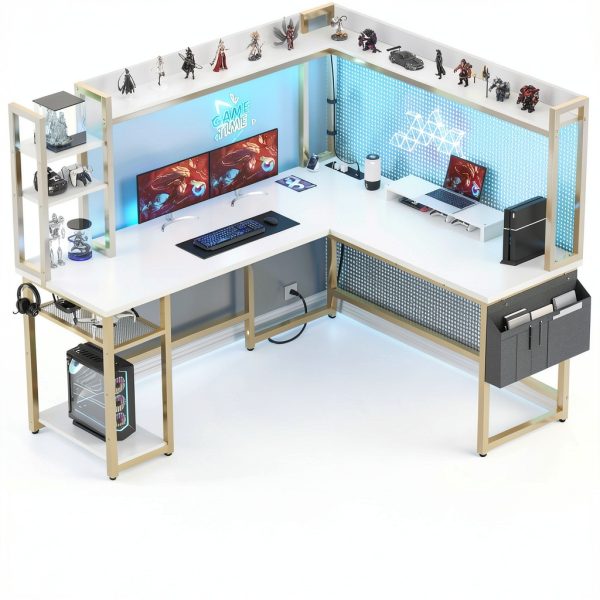 Aheaplus Gaming L Desk Power Outlets LED Lights Storage-5