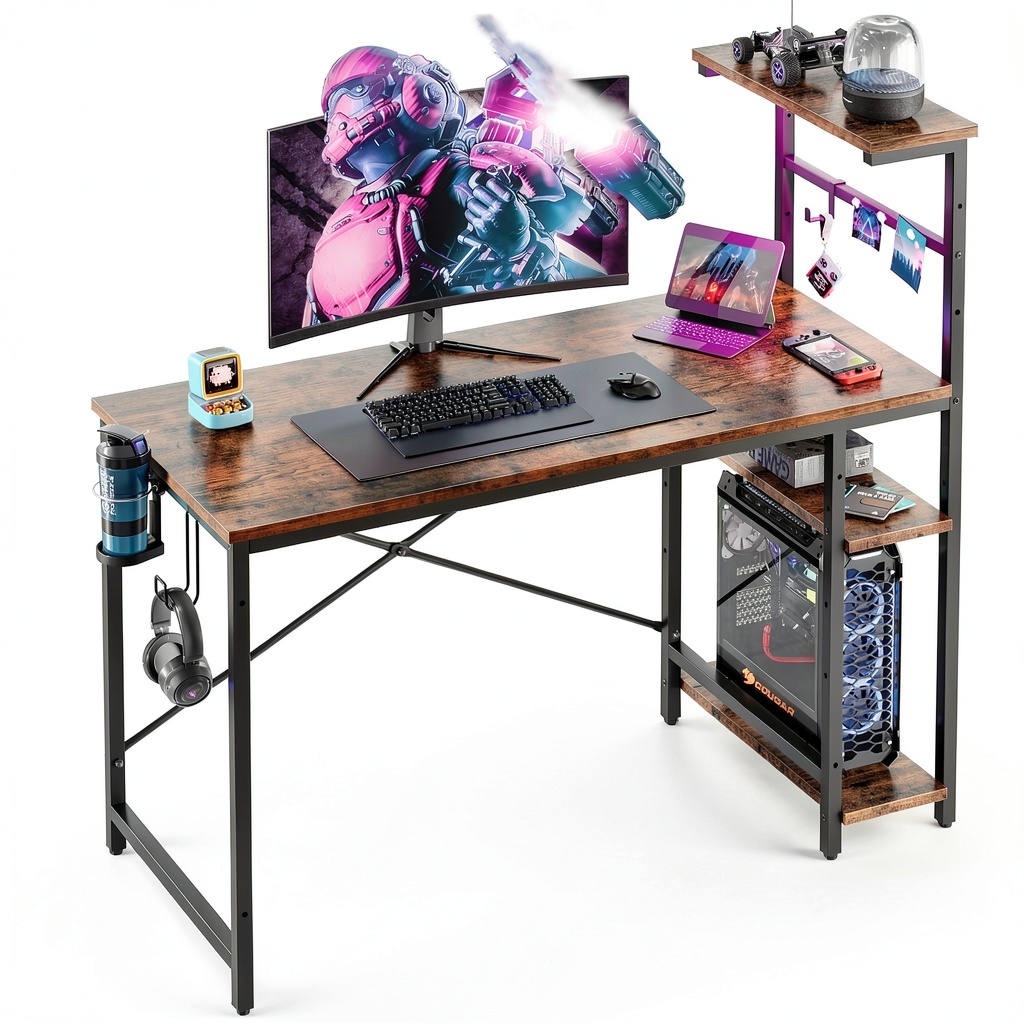 Bestier gaming desk with LED lights and storage shelves in a home office setup