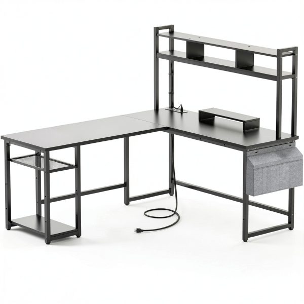 Aheaplus L Shaped Desk with Charging Station LED Lights-7