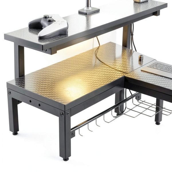 Bestier L Shaped Gaming Desk LED Lights Power Outlet-2