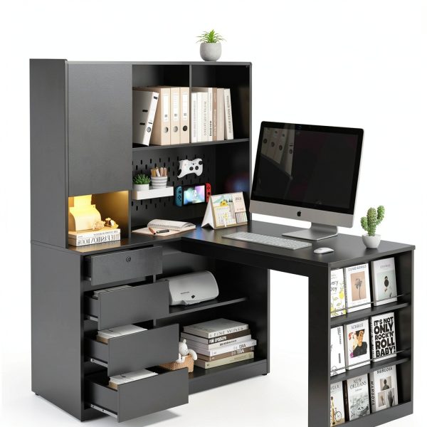GOODSILO L Shaped Computer Desk with Drawers LED Light Black-3