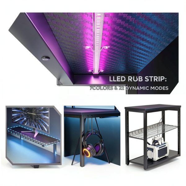 Bestier L Shaped Gaming Desk with LED Lights Power Strip-2
