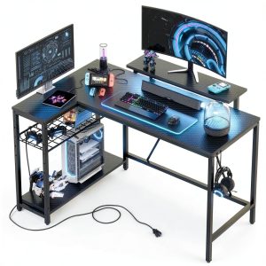 Bestier L Shaped Gaming Desk with LED Lights Power Strip-0