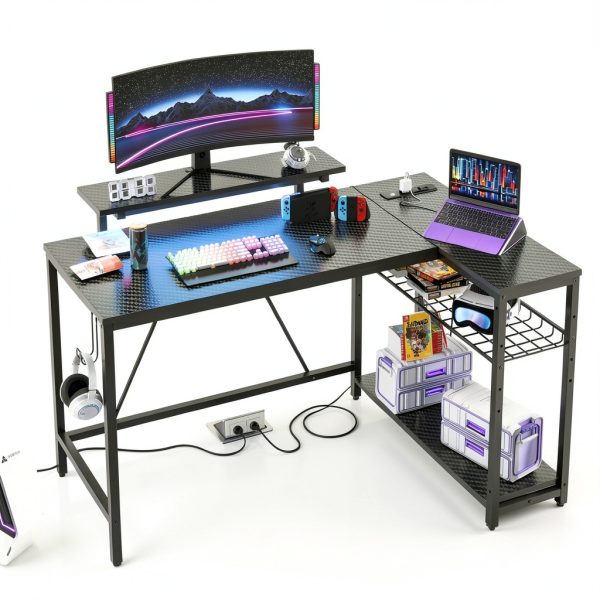 Bestier L Shaped Gaming Desk with LED Lights Power Strip-3