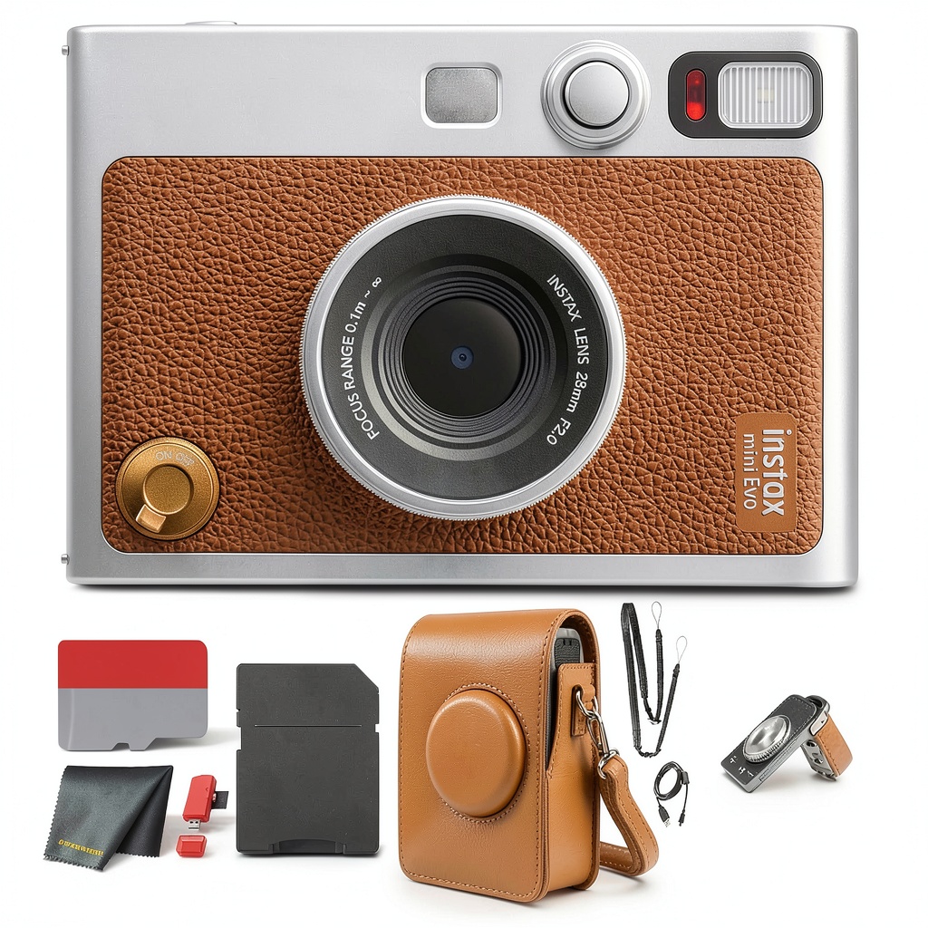 Fujifilm Instax Mini EVO camera displaying print and digital interface