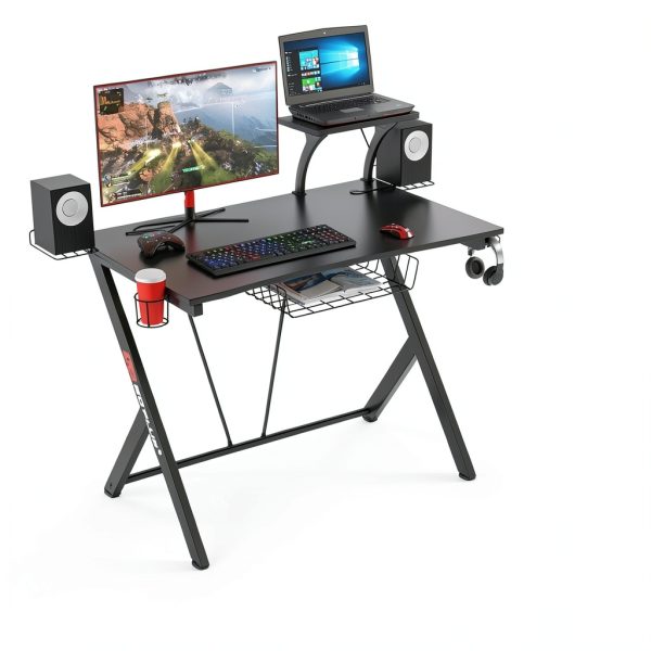 Gymax Gaming Desk Computer Table Headphone Hook Cup Holder-4