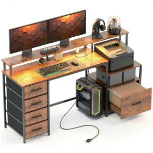 Homcom Gaming Desk with Charging Station LED Lights Drawers-0