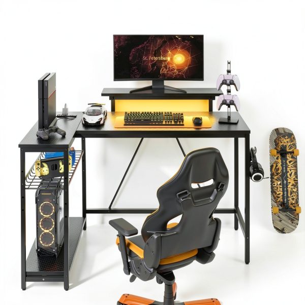 Bestier L Shaped Gaming Desk with LED Lights Power Strip-4