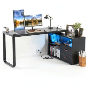 Aheaplus L Shaped Computer Desk with Power Outlets LED-0