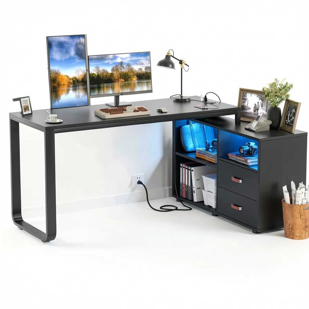 Aheaplus L Shaped Desk in a home office setting with devices charging