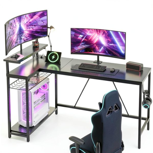 Bestier L Shaped Gaming Desk LED Lights Power Outlet-6