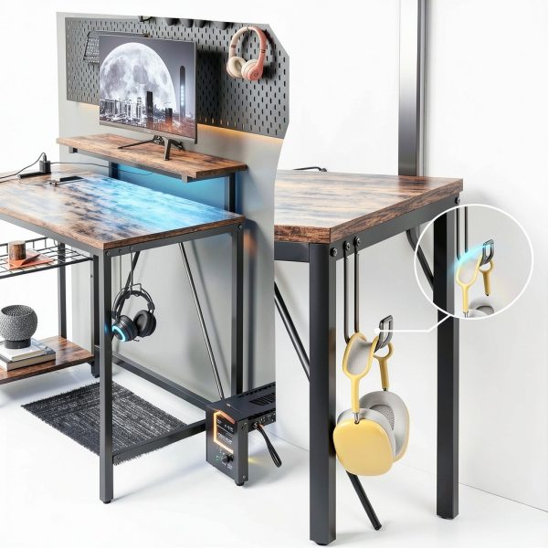 Bestier L Shaped Gaming Desk with Power Outlets LED Lights-7
